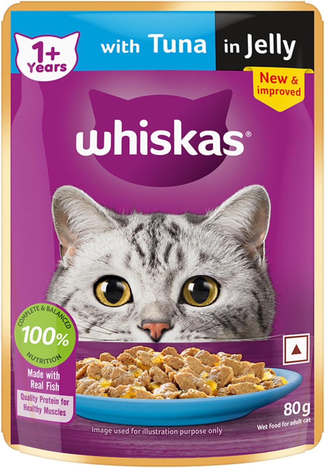 Whiskas Adult (1+ Years) Wet Cat Food, Tuna in Jelly, 80 g, Hydrating Food Made With Real Fish, 100% Complete & Balanced Nutrition for Adult Cats