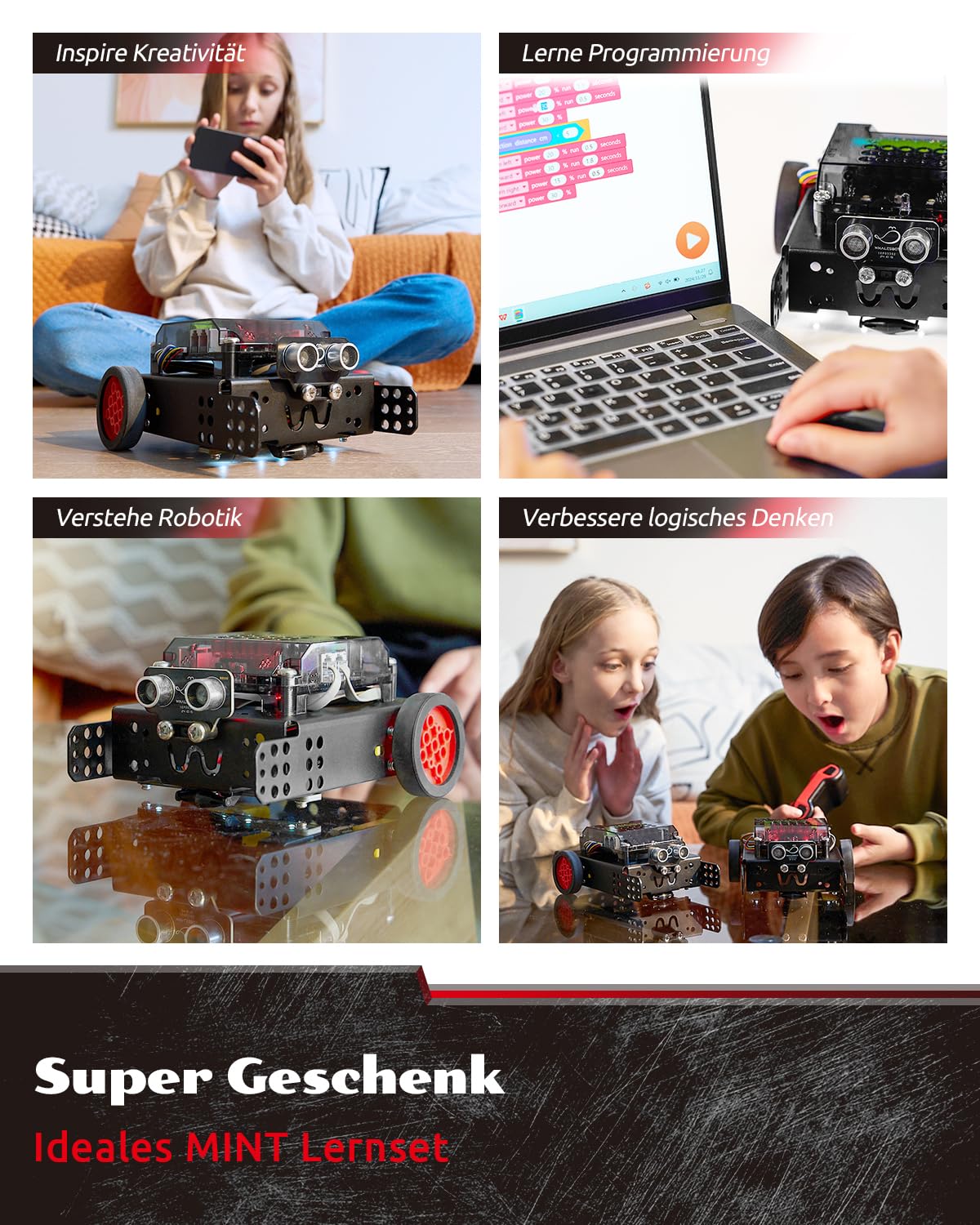 WhalesBot Rocky programmierbares Roboterauto für Kinder, Mint Bausatz mit Scratch- & Python-Kompatibilität, Erweiterbar, Ferngesteuertes Spielzeug, Geschenk ab 8 Jahren