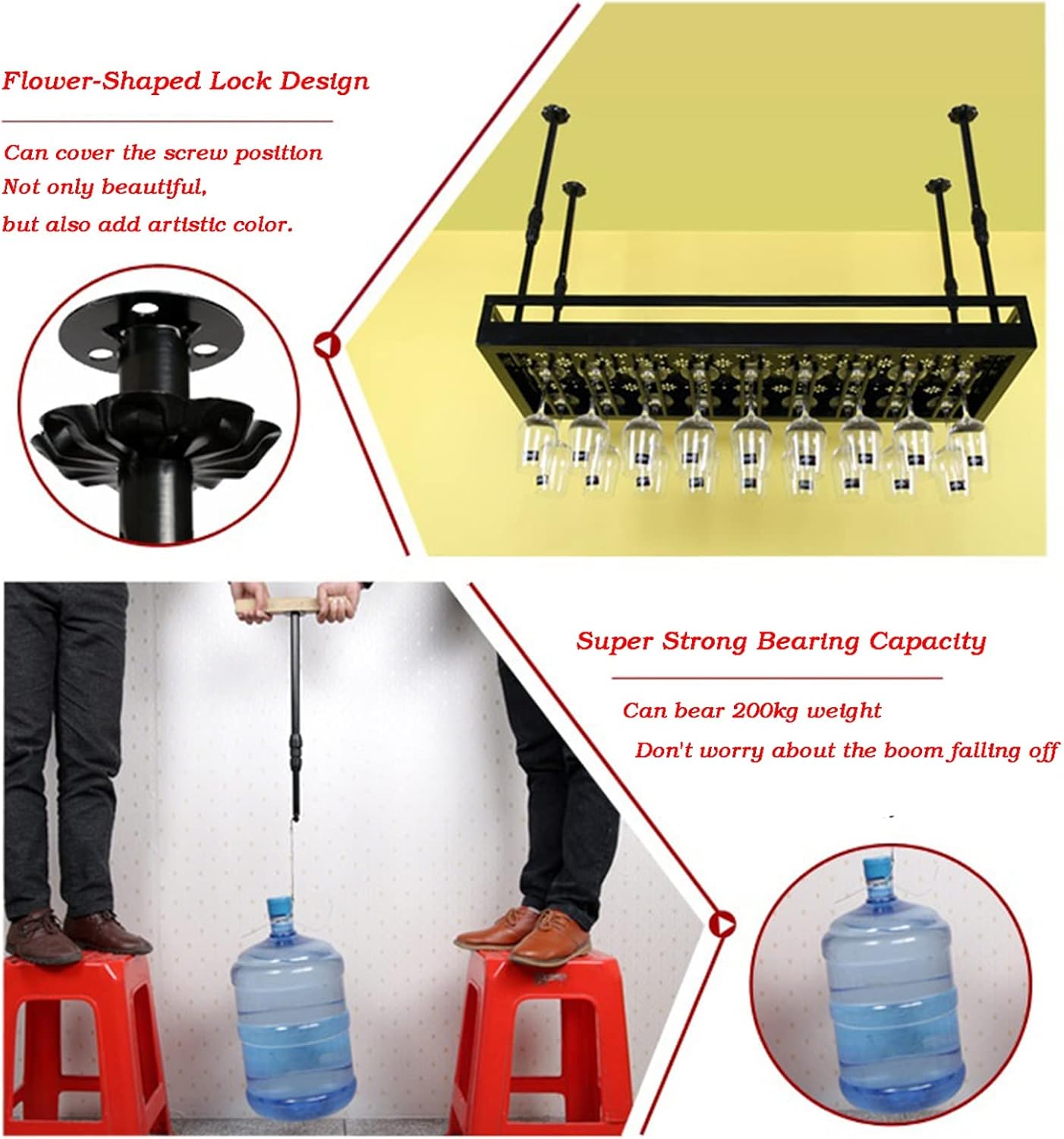 Iron Ceiling Mounted Wine Glass Rack Hanging Upside Down Goblet Holder Flower Shop Display Shelf (Black 50X35X60CM)