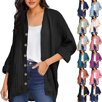 Womens Open Front Cardigan Shirt Soft Cotton Linen 3/4 Sleeve Lightweight Coat Casual Solid Color Button Loose Tops