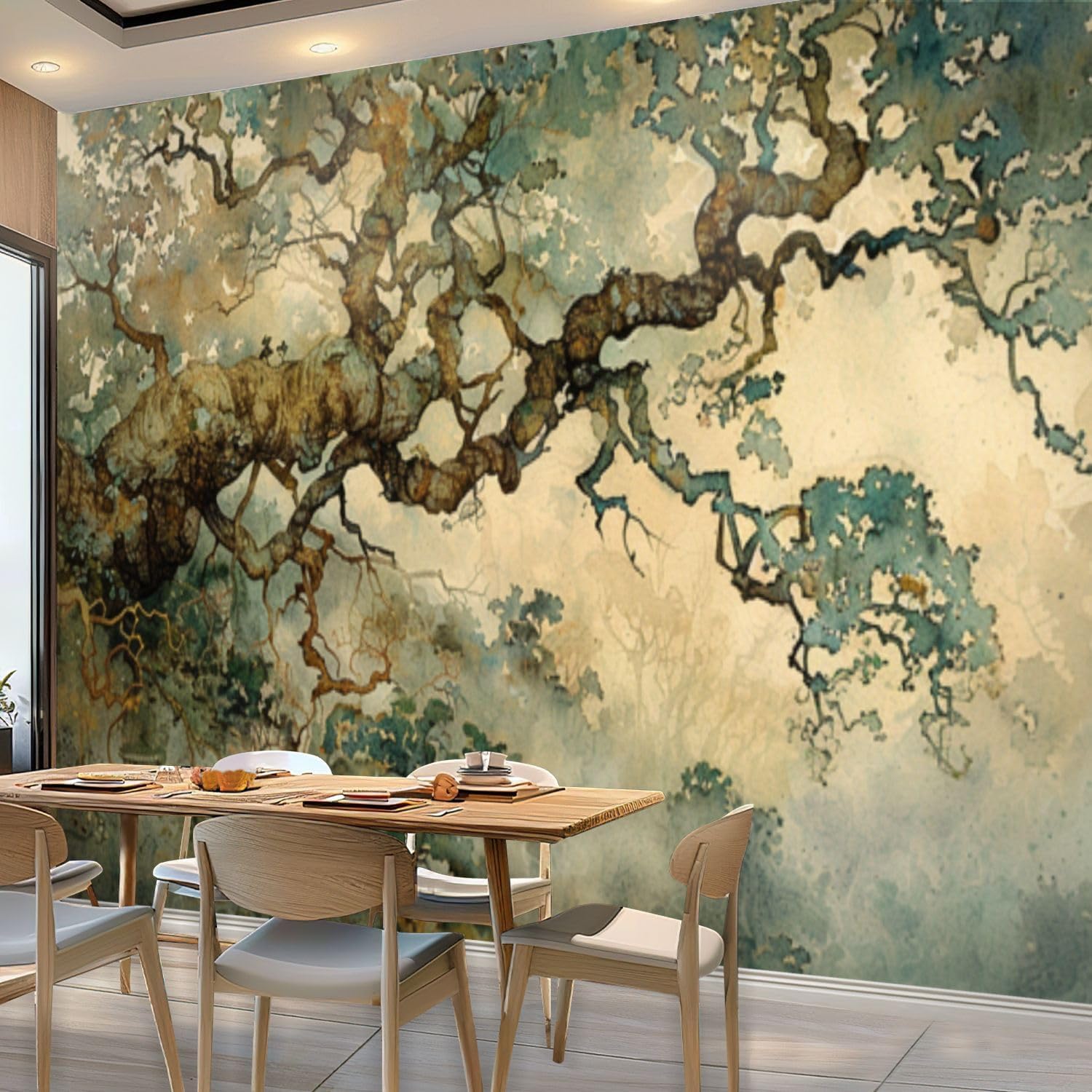 Wall Mural Ghostly Watercolor Forest Muted Earthy Tones Misty Trees Self Adhesive Wallpaper Peel & Stick Wall Decal Sticker Poster Home Decor for Bedroom Living Room Bathroom 100"x144"