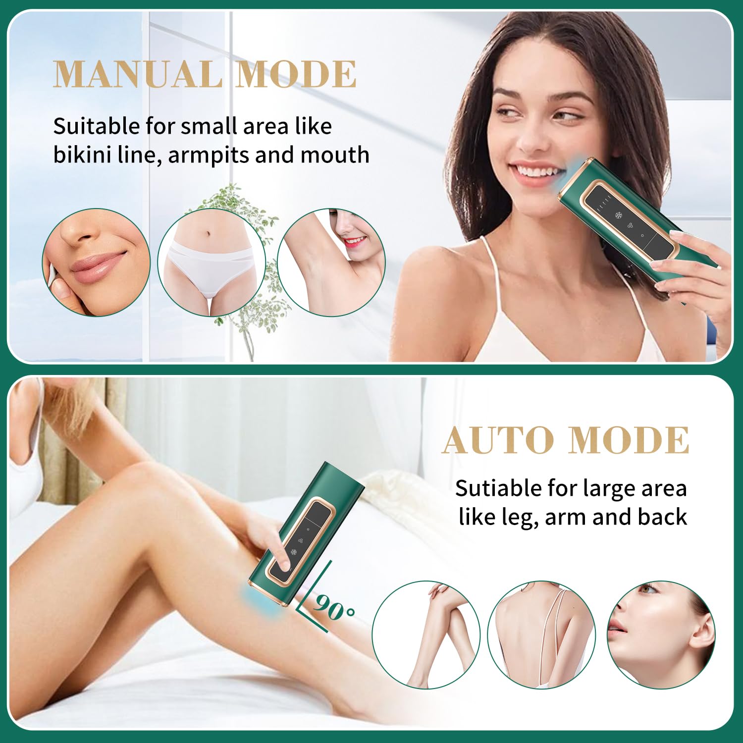 Dispositivo di depilazione laser IPL con raffreddamento a ghiaccio, per donne e uomini a casa, flash infinito, epilatore indolore per viso, ascelle, zona bikini, gambe (verde)