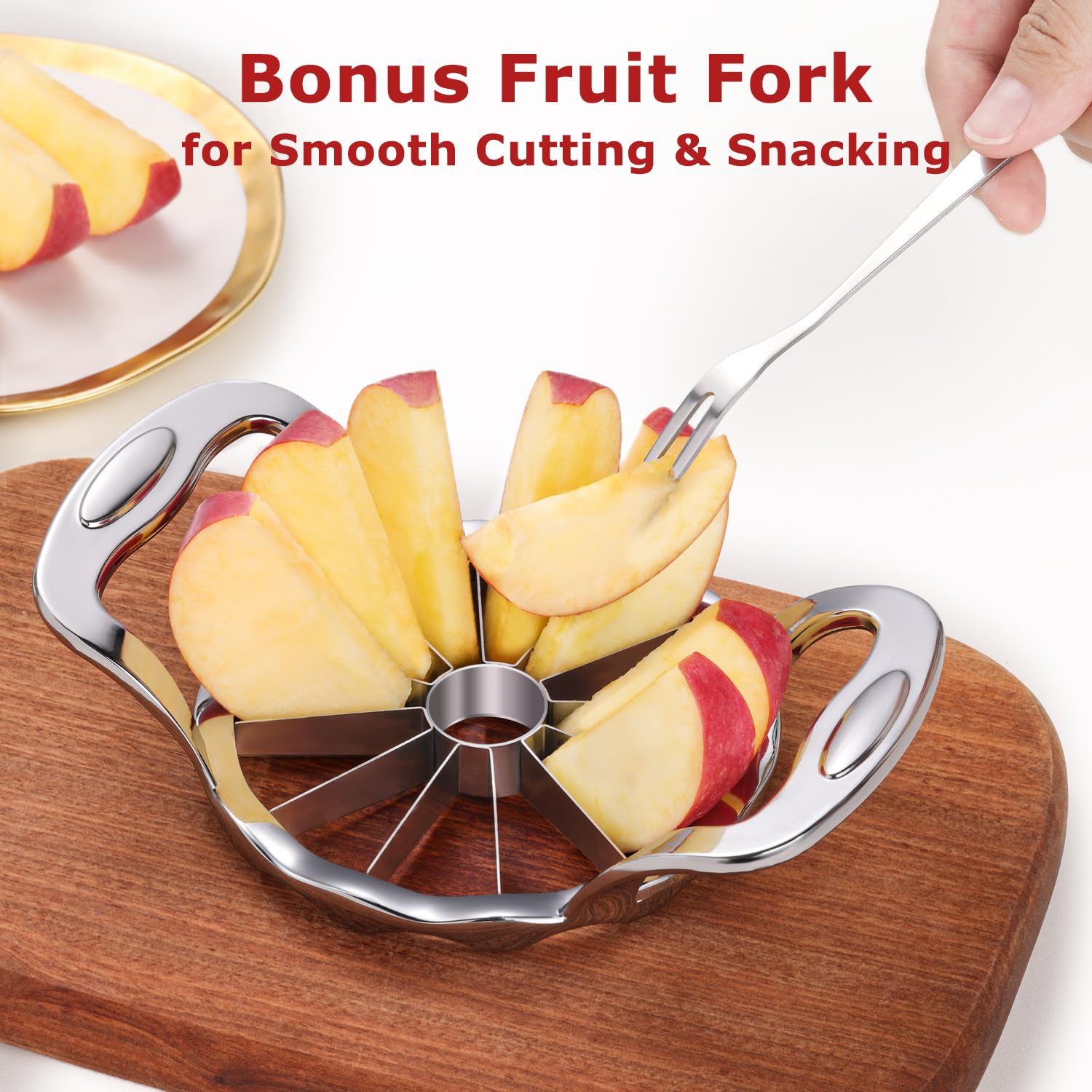 Cortador de manzanas grande de acero inoxidable de 12 rebanadas para cortar y dividir frutas con 3 tenedores de frutas y un cepillo de limpieza