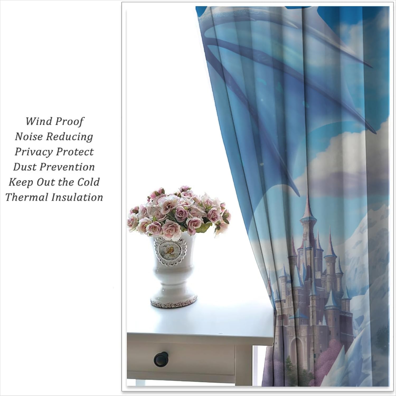 Blue Dragon Blackout Curtains for Boys Girl Bedroom Home Decor, Fantasy Forest Wildlife Castle White Cloud Thermal Insulated Rod Pocket Darkening Living Room Window Drapes, 55 x 63 inch