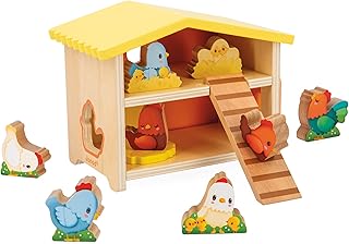 Janod - Mon Premier Poulailler - Jouet d'Imitation Enfant - 1 Poulailler + 9 Poules + 1 Échelle - Jeu en Bois FSC - Développe Dextérité et Imagination - Dès 18 Mois,J03311