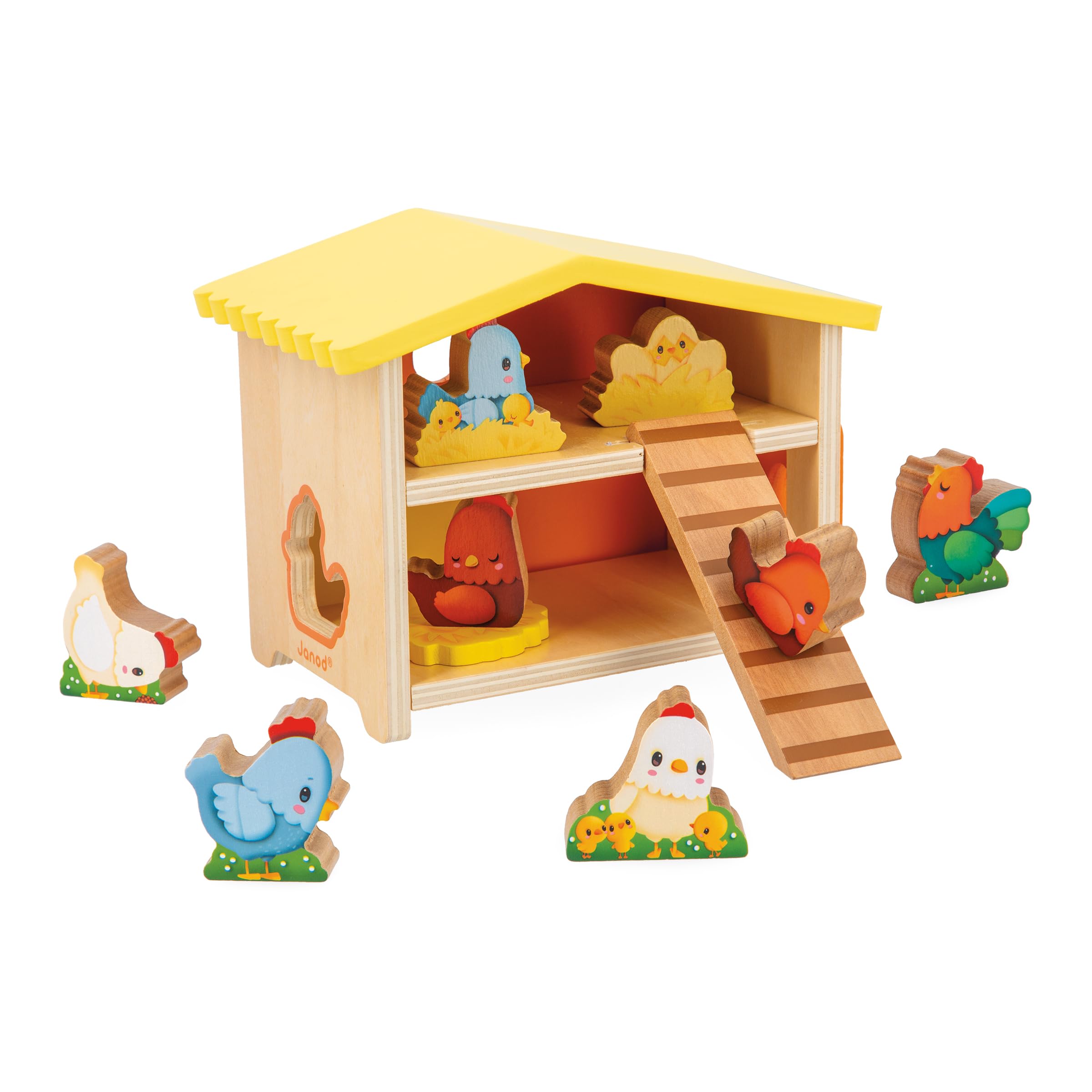 Janod - My First Chicken Coop - Children’s Pretend Play Toy - 1 Chicken Coop + 9 Hens + 1 Ladder - FSC Wood Game - Develops Dexterity and Imagination - 18 Months +, J03311