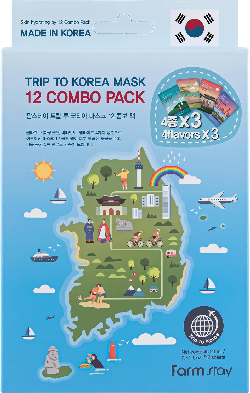 FARMSTAY Trip To Korea Facial Mask Sheet 12 Combo Pack Korean Skincare Mask Combo, Hypoallergenic,Moisturizing,Nourishing,Vitalizing, Refreshing0.77 fl.oz.*12 ea