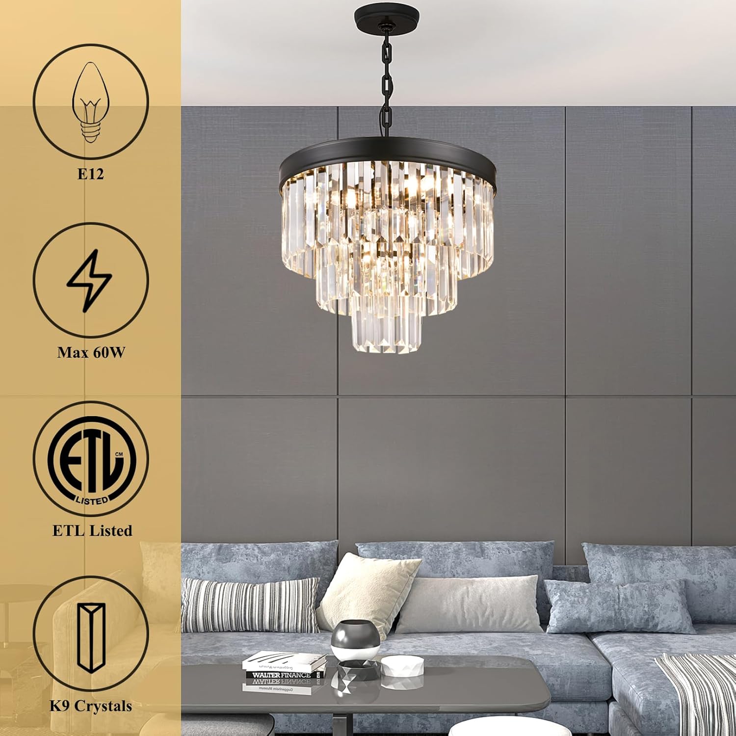 Zevluck Black Crystal Chandeliers for Dining Room, 3-Tiers Modern Chandelier Light with Chain, 15.5'' Foyer Crystal Chandeliers, Black Chandelier for Kitchen, Living Room, Dining Room