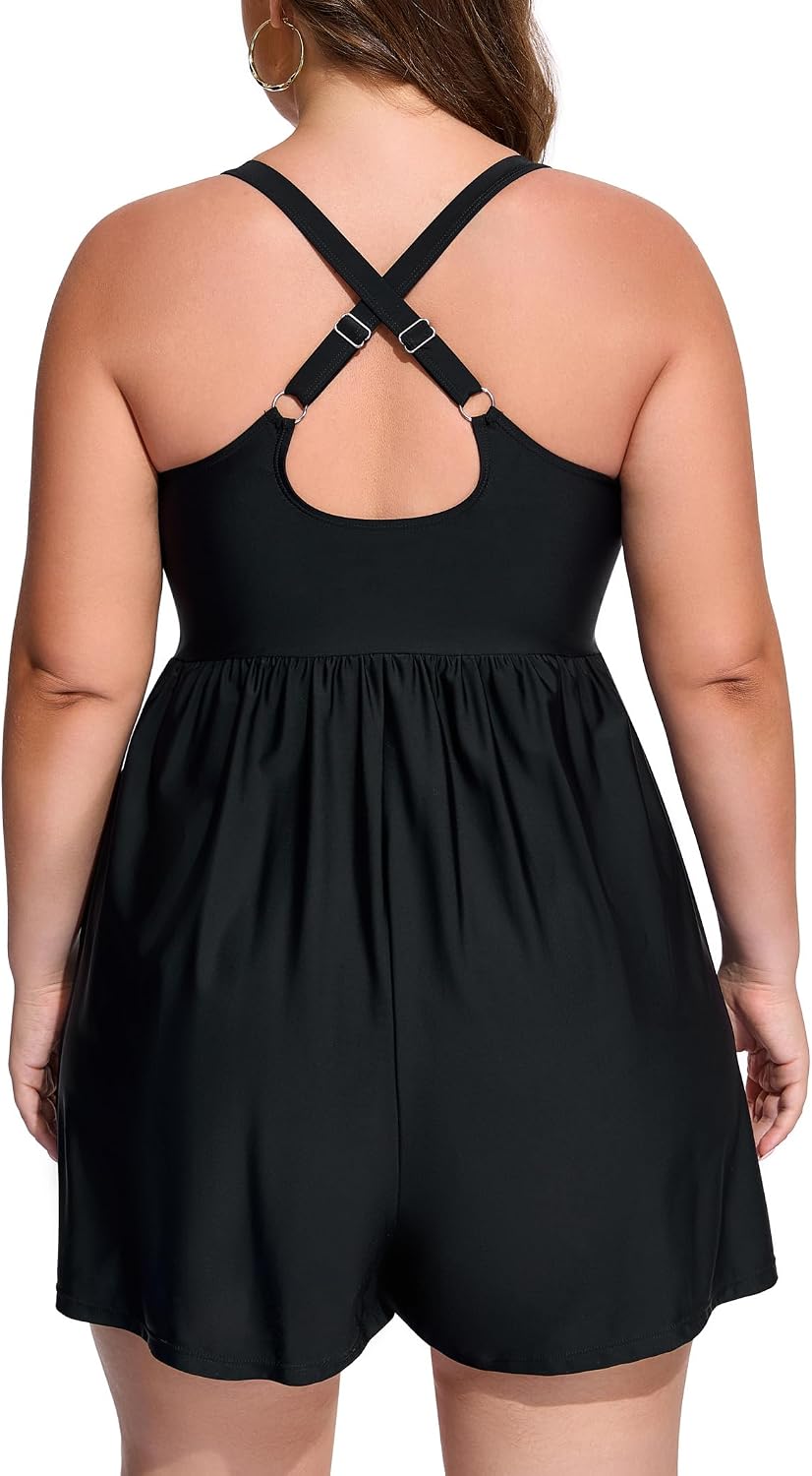 Smismivo Plus Size Swim Romper Women One Piece Swimsuit Modest Bathing Suit with Pockets Full Coverage Swimwear