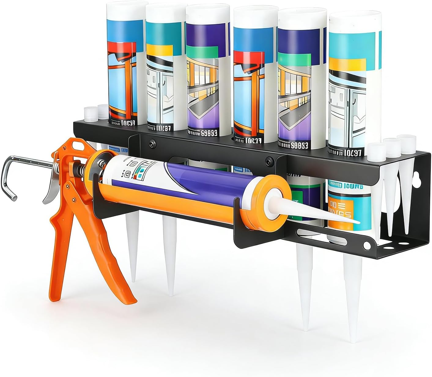 Caulk Tube Holder and Grease Tube Holder-Store 6 Caulking Tubes & Caulking Guns,Wall Mounted Caulk Organizer for Garage,Work Van Accessories,Sealant Storage Rack