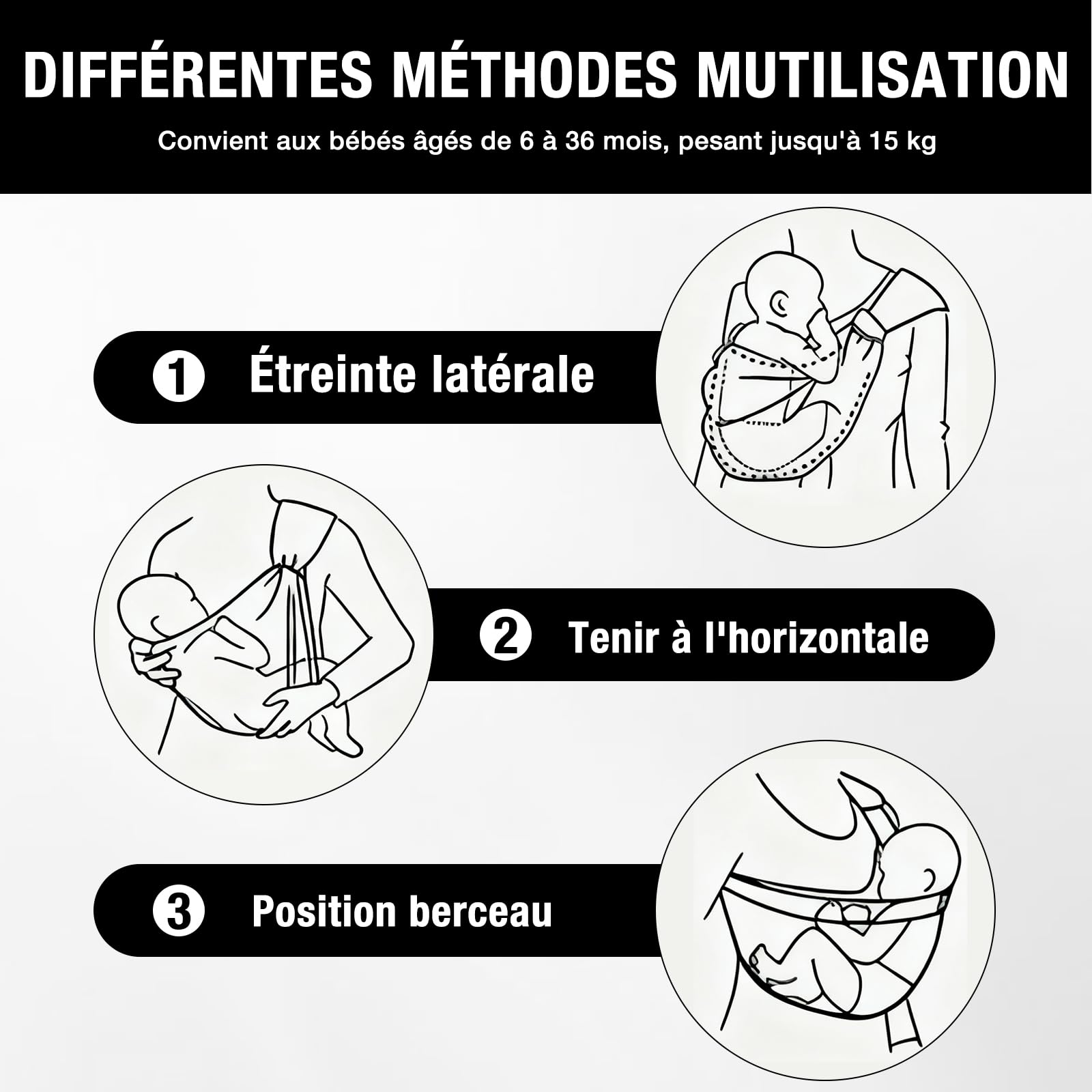 Écharpe de Portage Réglable Porte Bébé Hanche Respirant pour Nouveau-Nés et Tout-Petits jusqu'à 15 kg Noir