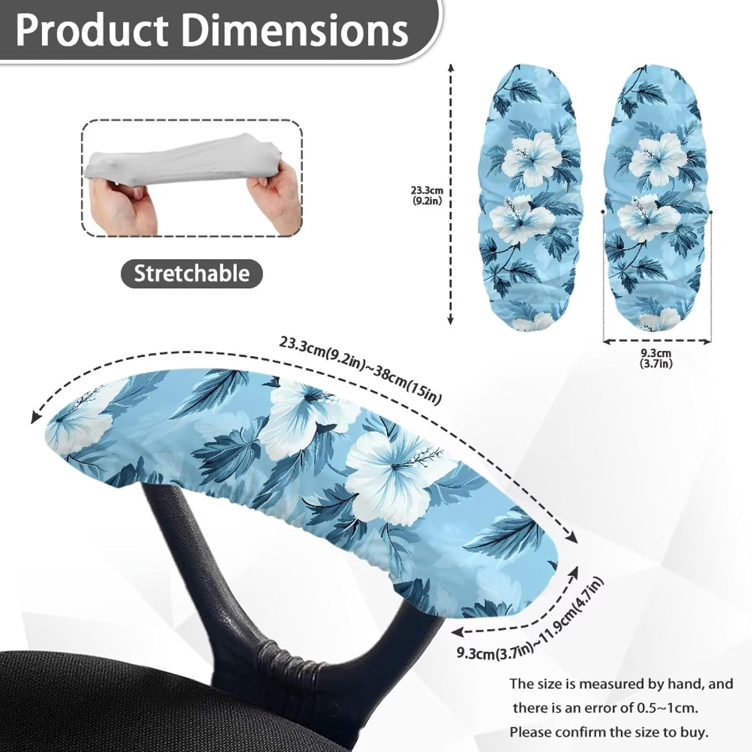 Hibiscus Print Office Desk Chair Arm Covers Protectors Washable Dust-Proof Computer Chair Armrest Covers with Elastic Edge, Blue image 3