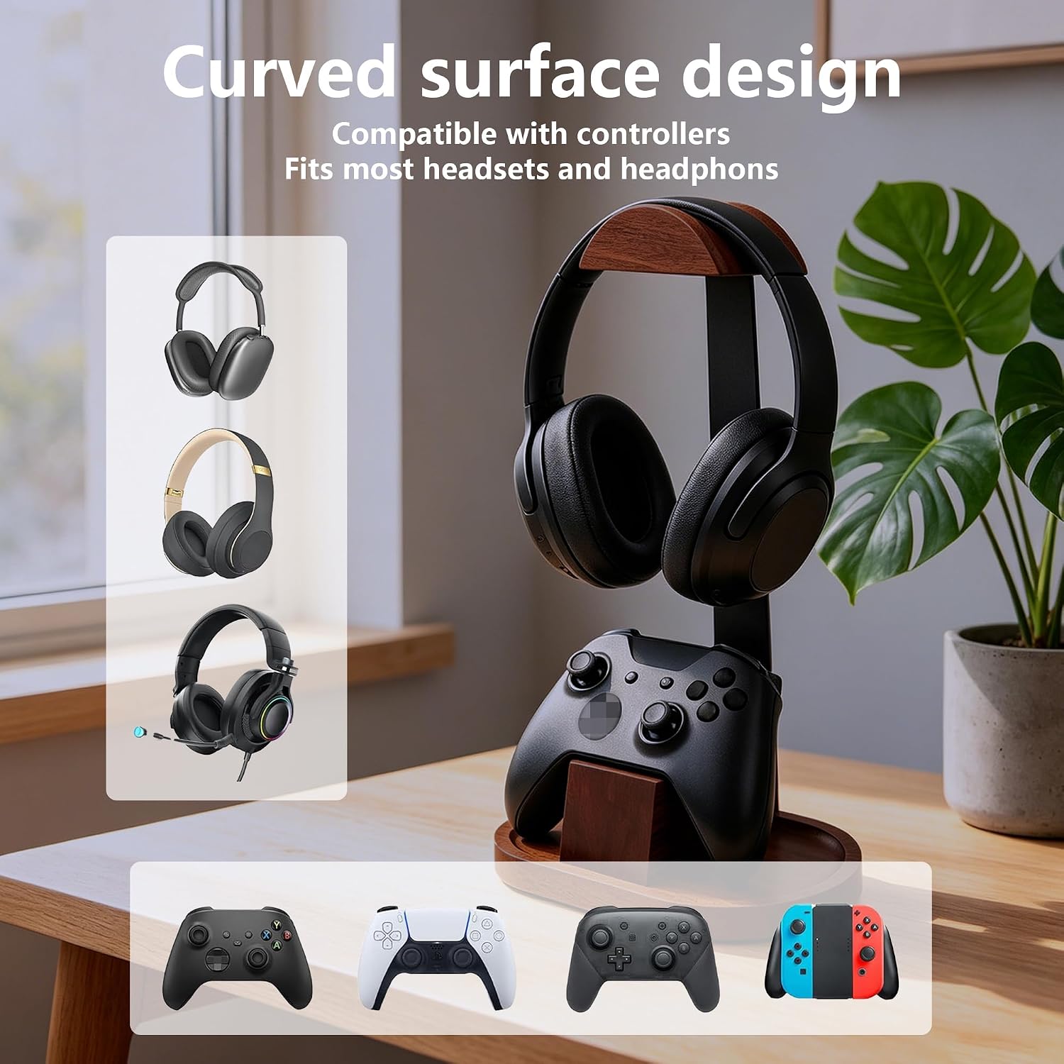 Wooden Headphone Stand for Desk,Controller Stand for Desk with Storage Base | Controller and Headset Stand,Headset Holder with Gaming Controller Holder (Walnut)