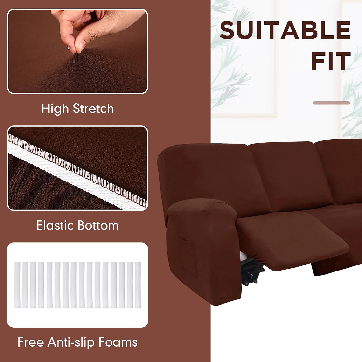 Peryiter 7 Pcs L Shape Sectional Recliner Sofa Covers 5 Seat Sectional Couch Covers Milk Silk Velvet Stretch Reclining Sofa Slipcover Furniture Protector for Living Room(Coffee Brown,Milk Silk)