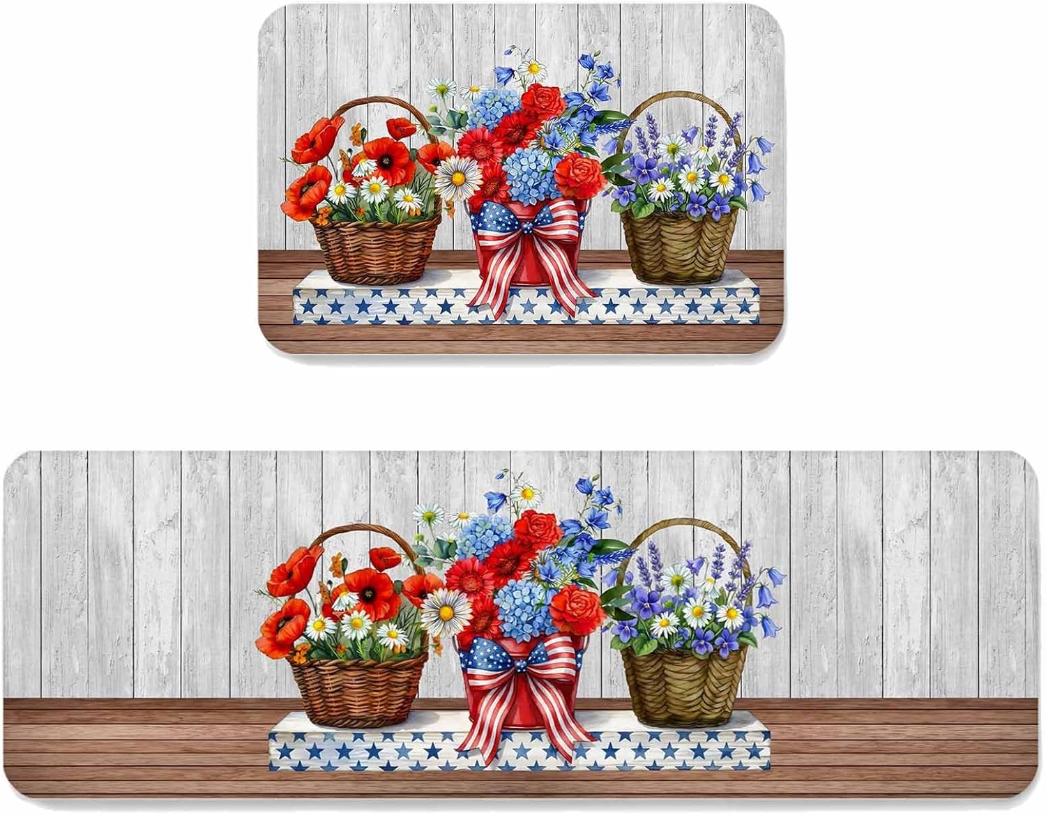 Independence Day Flower Kitchen Mat Set 2 Pieces Red Blue Stripe Star American Flag Daisy Wood Grain Non Slip Kitchen Rugs Washable Runner Rug Mats for Sink Laundry 15.7" x 23.6"+15.7" x 47.2"