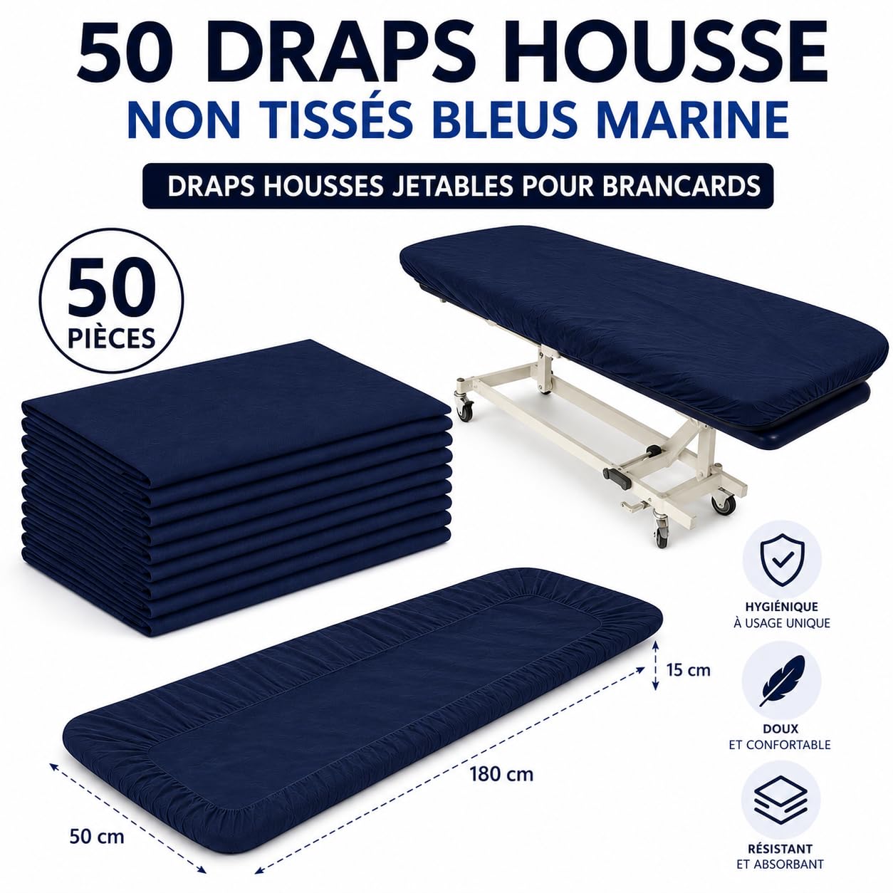 DSTOCK60-Lot de 50 Draps Housse Jetables Non-Tissés Bleus 180x50x15cm – Housse de Protection Brancard à Usage Unique, Polypropylène Hypoallergénique, Élastiquée, Matériel Médical Ambulance
