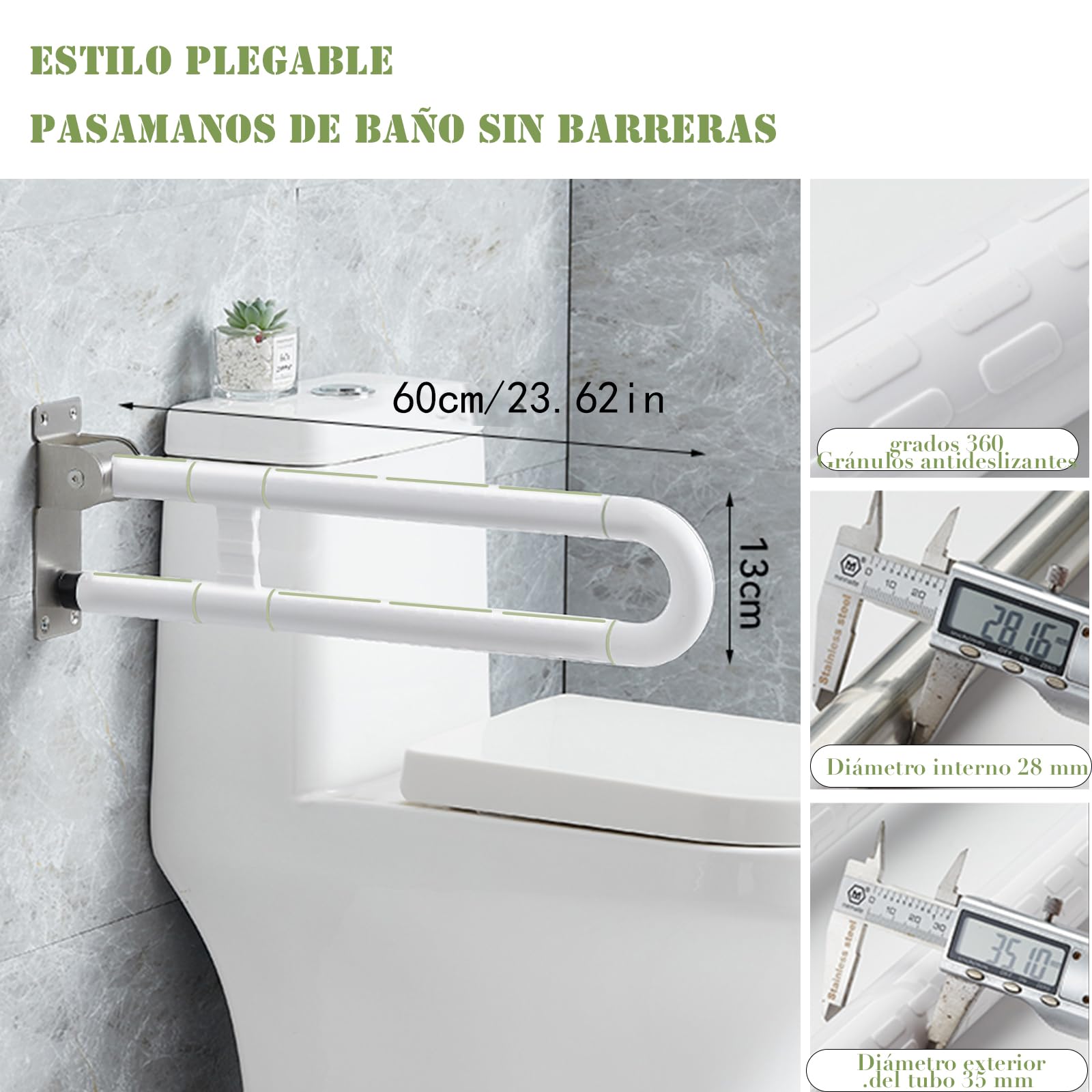 Tirador de soporte de pared para inodoro, 60 cm, para personas mayores, discapacitados, asa de soporte de pared plegable, ayuda para levantarse, asas antideslizantes para personas mayores (blanco）