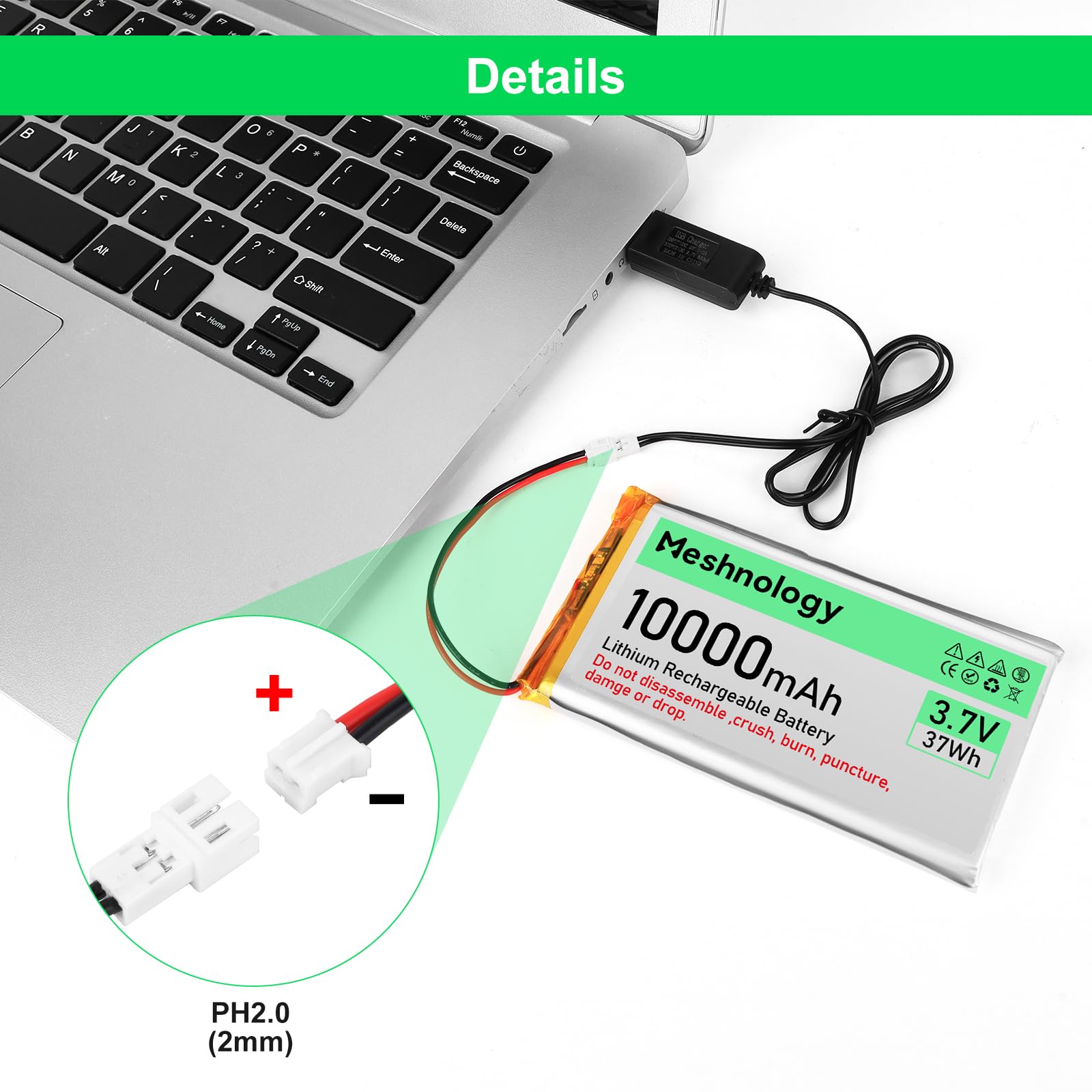 2 pz 3.7 V 10000 mAh Li Batteria con Cavo di Ricarica USB 1163115 1S Batteria LiPo con Bordo di Protezione Isolato Nastro di Gomma e Micro PH2.0 Spina per Arduino ESP32 Scheda Modulo Drone