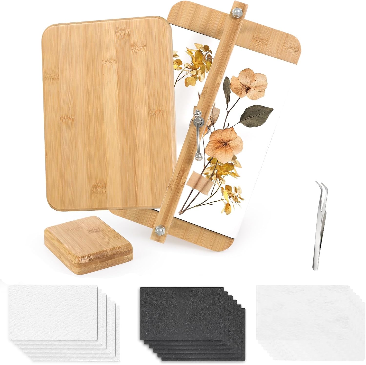 JFNoraiva Flower Press Kit,11 * 7.9 in Large Leaf Plant & Flower Press, Portable Bamboo Wooden Flower Preservation Kit, Includes Drying Plate & Lining Paper