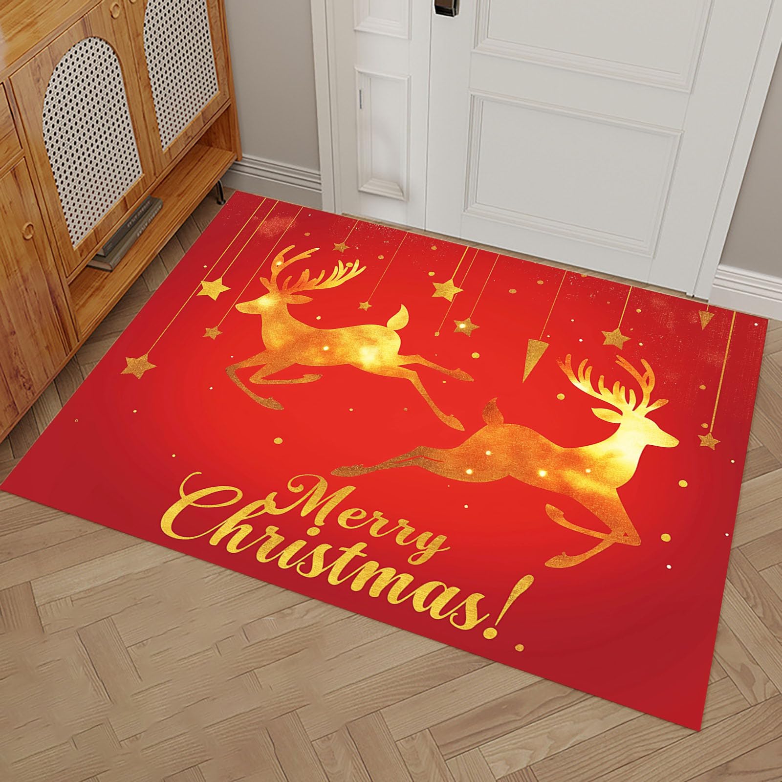 Felpudo de Interior 80x120cm, Diseño de Vuela Reno, Lavable Antideslizante, Alfombrilla Feliz Navidad Plegable de Pelo Corto para Entrada, Alfombra Fácil de Limpiar, Rojo
