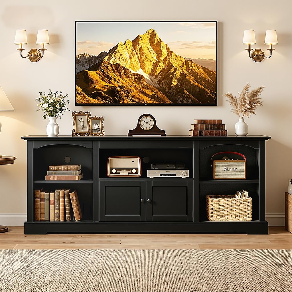 LUCKLIFE 71" TV Stand for TVs up to 80 Inch,Modern Farmhouse Entertainment Center with Arched Cabinet Doors & Open Adjustable Storage Shelves,Media Console Table for Living Room (Black, 71 inch)