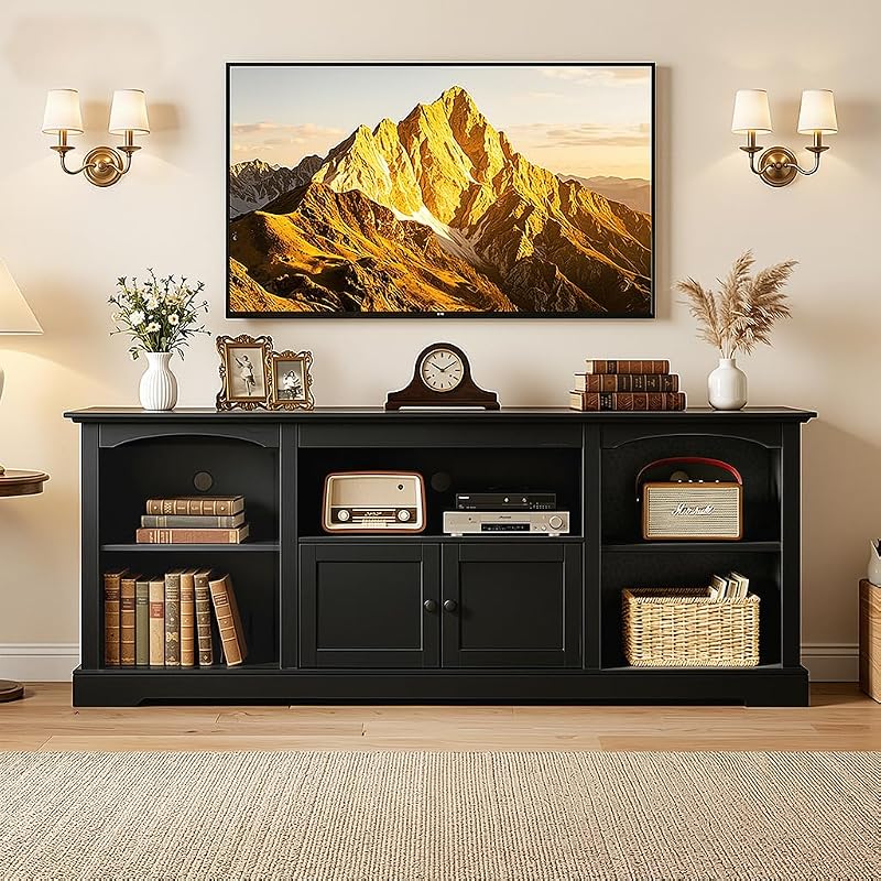 LUCKLIFE 71" TV Stand for TVs up to 80 Inch,Modern Farmhouse Entertainment Center with Arched Cabinet Doors & Open Adjustable Storage Shelves,Media Console Table for Living Room (Black, 71 inch) image 3