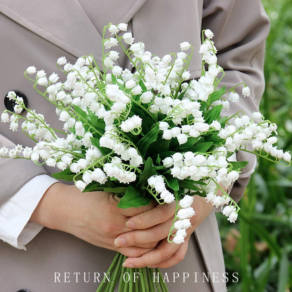 Qivine 18Pcs Artificial Lily of The Valley, White Chimes Orchid, Lily of The Valley Plant, Wedding Bouquet Latex Flower, Artificial Flora for Home, Party Wedding Decor Indoor