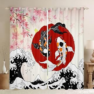 Japanese Ukiyo E Koi Fish Window Curtains for Bedroom Living Room Japanese Ukiyoe Cherry Blossoms Curtains Kids Boys Girls Ocean Window Drapes Treatments Fashion Exotic Style Decor 38W X 45L,2 Panels