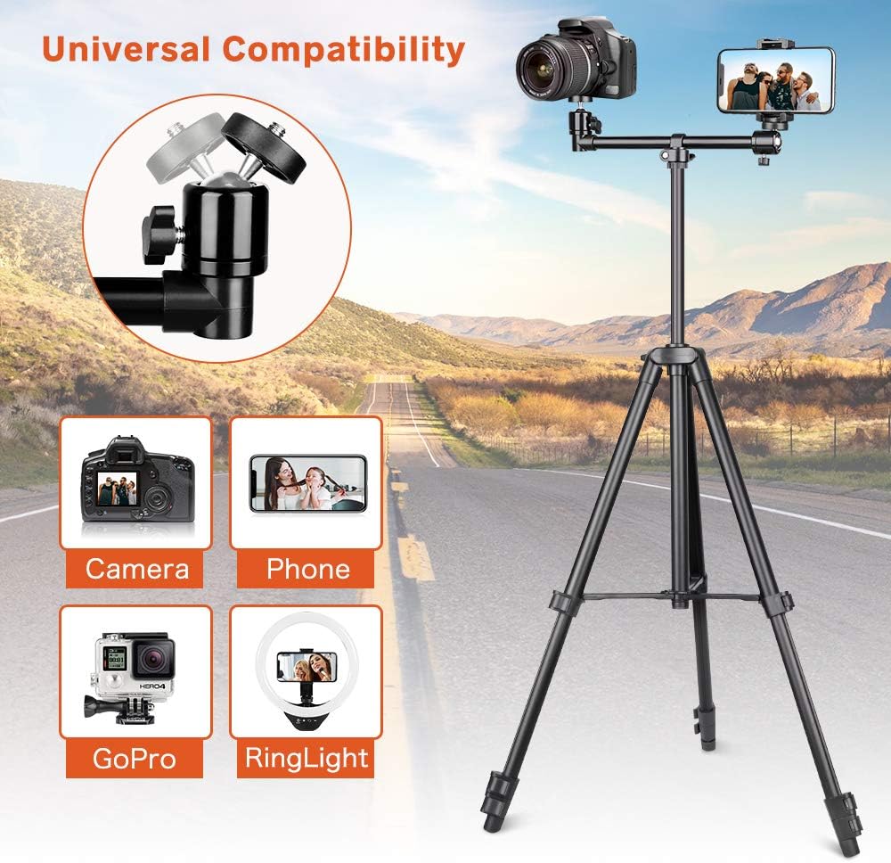 UBeesize 50-inch Phone Tripod Stand with Extended Arm, Portable Horizontal Tripod with 360° Adjustable Ball Head for Video Recording, Live Streaming and Photography