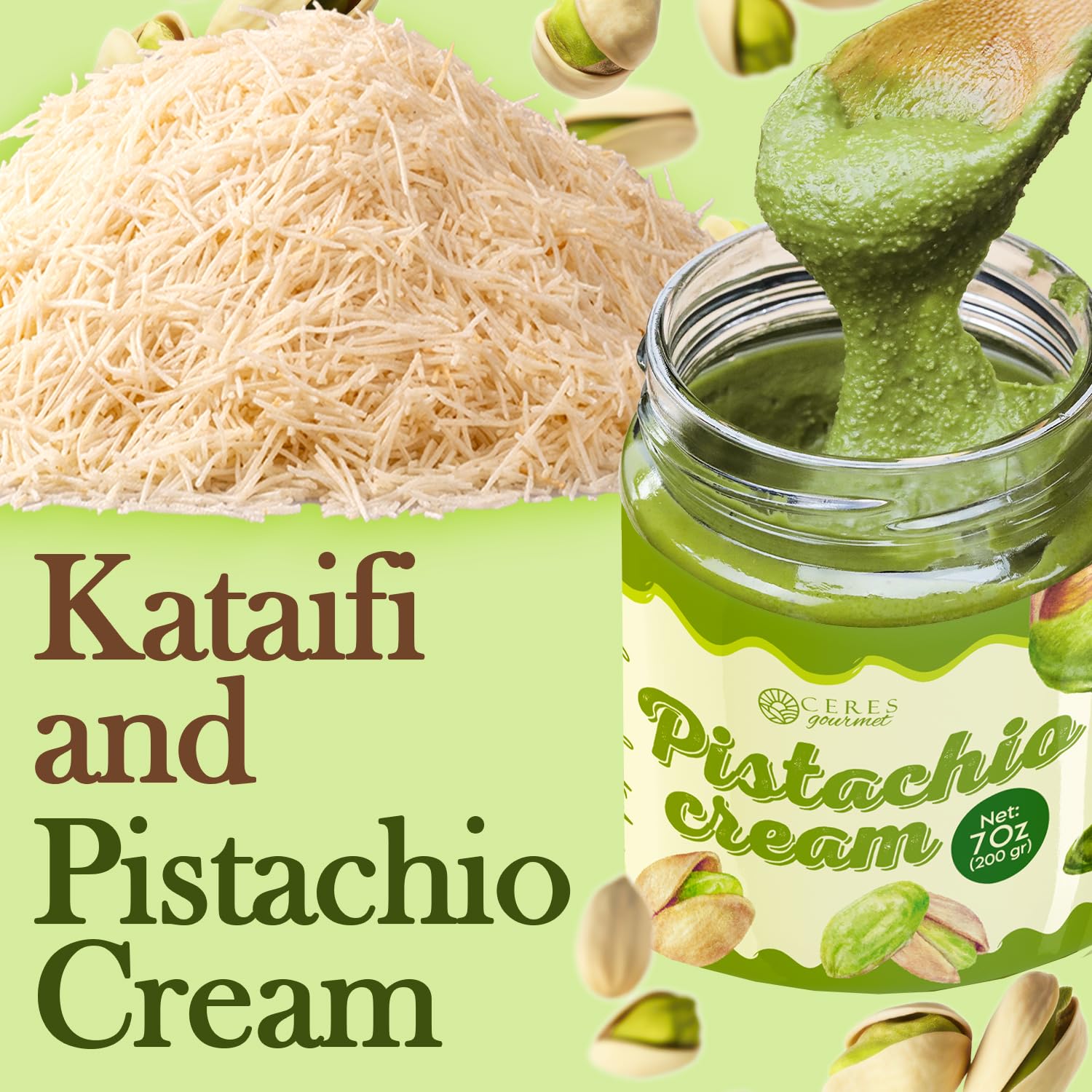 Ceres Gourmet Kataifi Shredded Fillo Dough & Pistachio Butter Spread Bundle for Dubai Chocolate Bar, Authentic Turkish Dried Chopped Kadayif Pastry (1.1 lbs) and Sweet Pistachio Nut Cream (7 Oz)
