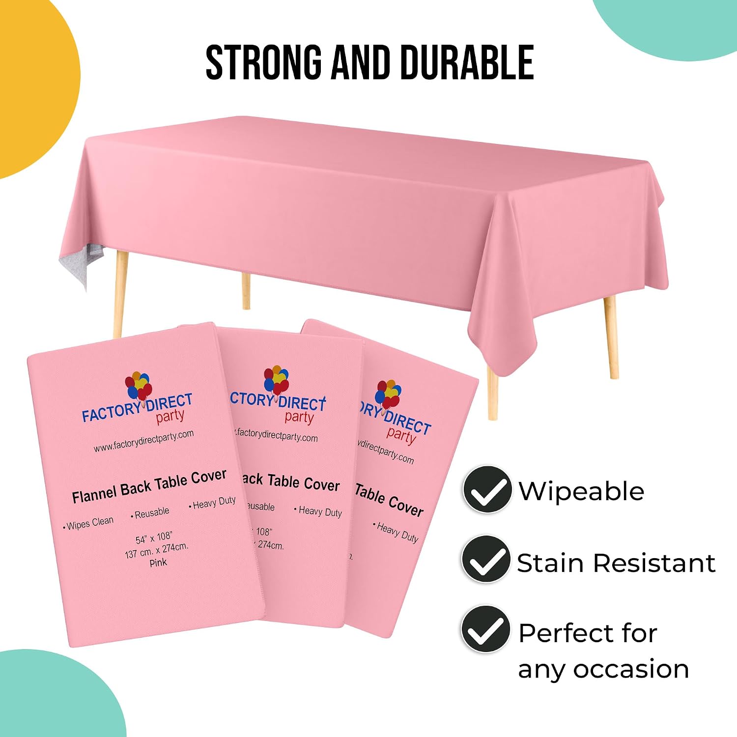 Exquisite Pink Vinyl Tablecloths - 54 in. X 108 in. - Pack of 3 Rectangle Tablecloth with Flannel Backing - Plastic, Reusable & Waterproof