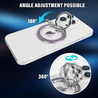 Guppy Magnetic Phone Ring Holder, Glitter Magnet Finger Ring Grip Stand Holder, 360 Rotation with Cell Phone Ring Stand, Compatible with MagSafe for iPhone 17 Pro Max 16 15 14 13 12 All-Purple