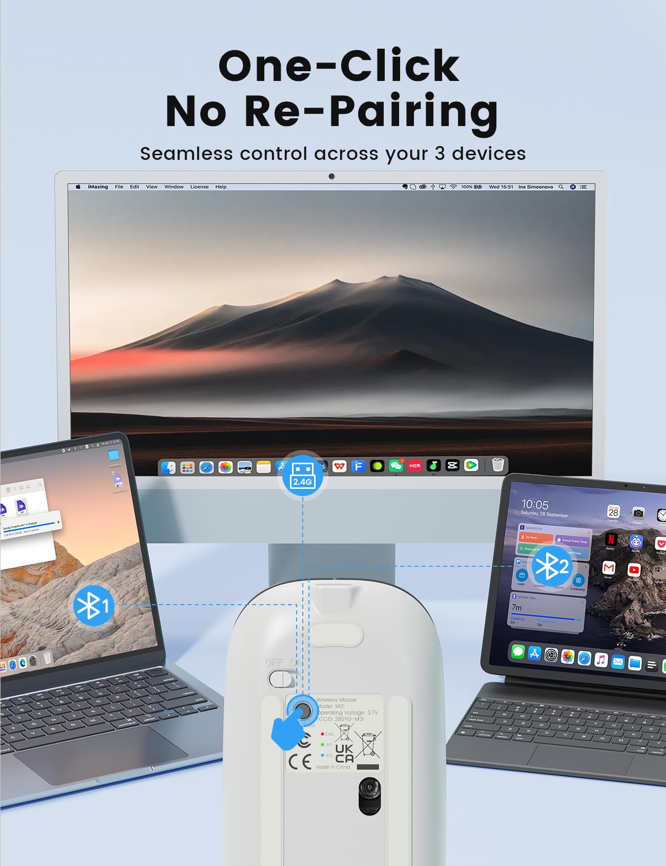 SABLUTE Ratón Bluetooth para MacBook Pro/Air, iPad, mouse inalámbrico recargable de tres modos para 3 dispositivos (BT 5.2 + 2.4G), elegante mouse silencioso delgado para superficie, ventanas, blanco