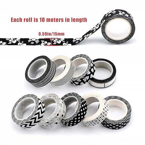 Miniatura 2 de SAVITA Juego de 10 rollos de cinta washi de 0.59 pulgadas, cinta washi en blanco y negro, cinta adhesiva decorativa para niños, manualidades,