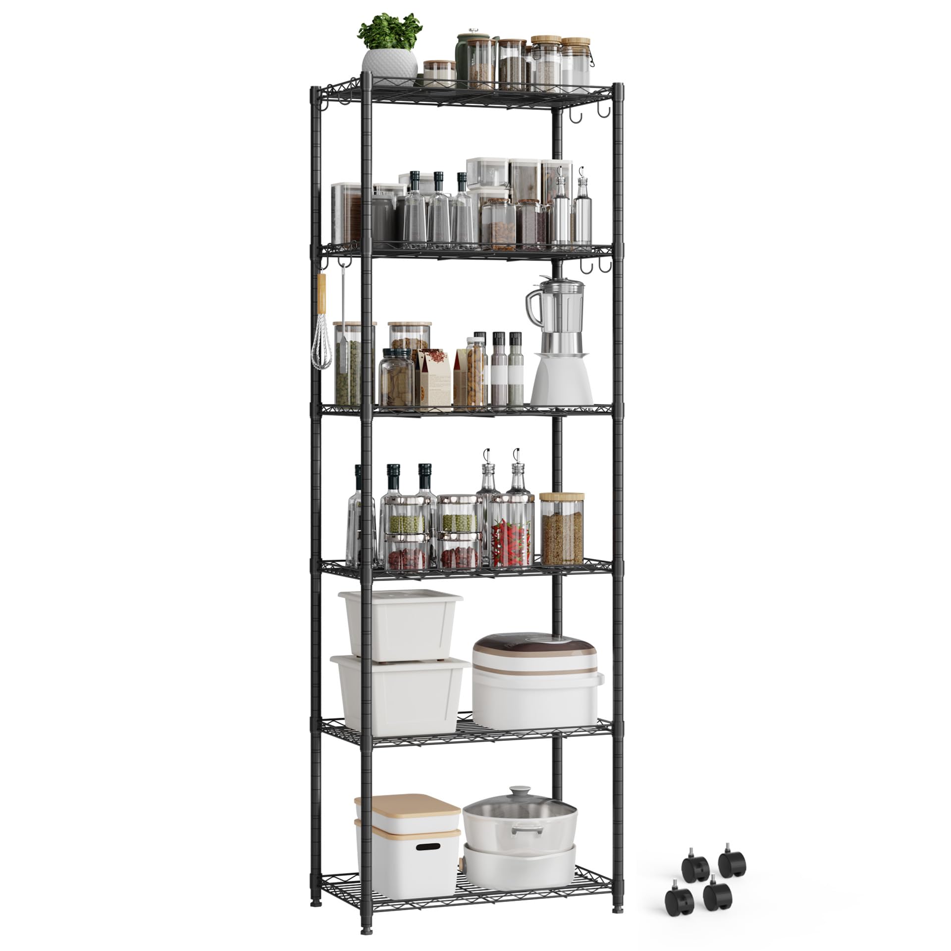 Mondeer Metal Shelving Units 6 Tiers, 4 Wheels and 8 Hooks, Black