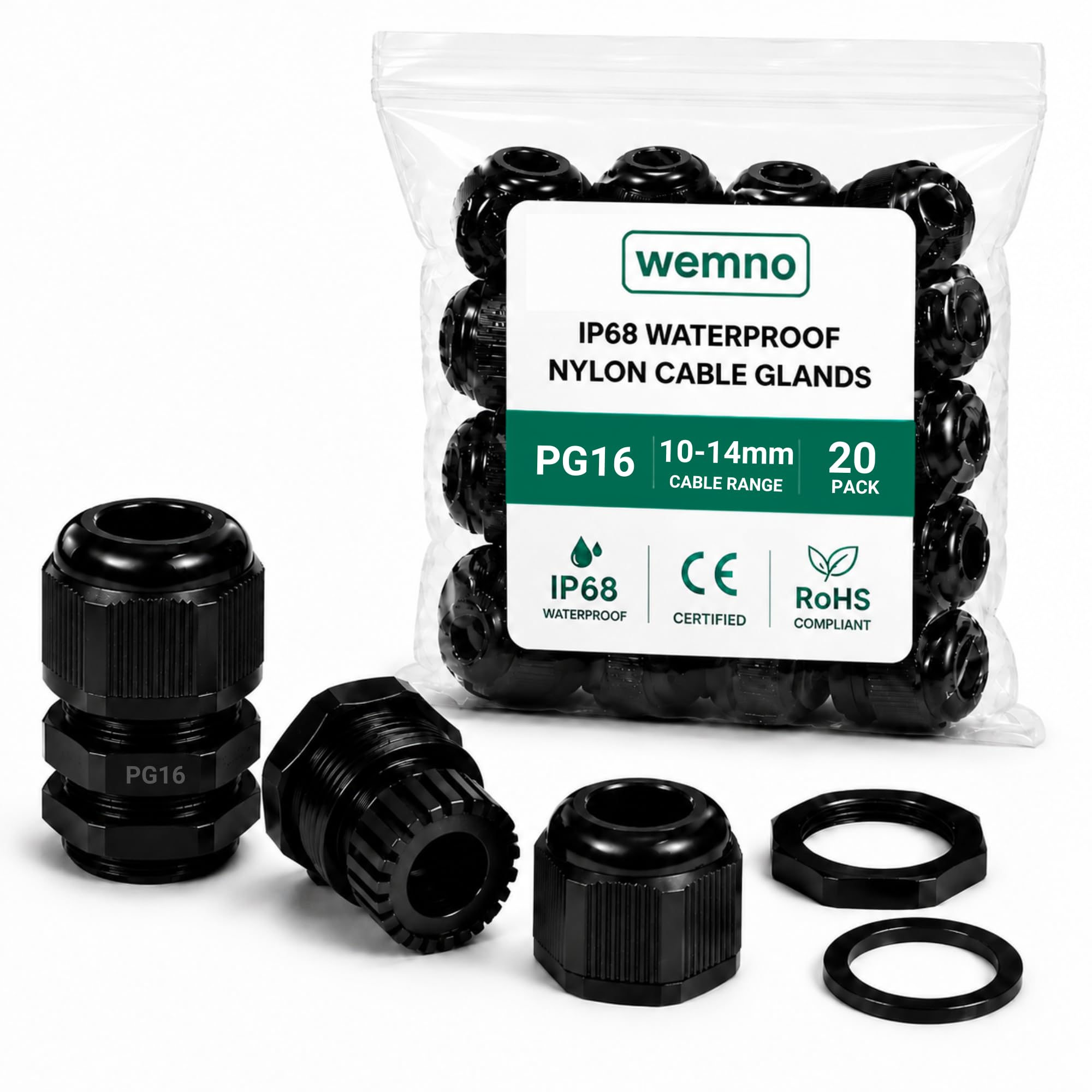 WEMNO PG16 Cable Glands Nylon Waterproof with Locknut and Gasket IP68 Rated PA6 Black Pack of 20 for Electrical Enclosures Junction Boxes and Control Panels