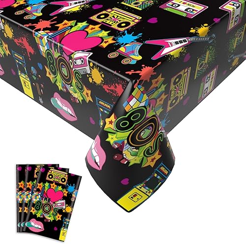 Paquete de 3 manteles de fiesta de los años 80, manteles rectangulares de regreso a los 80, decoración de hip hop de los años 80, mantel de plástico