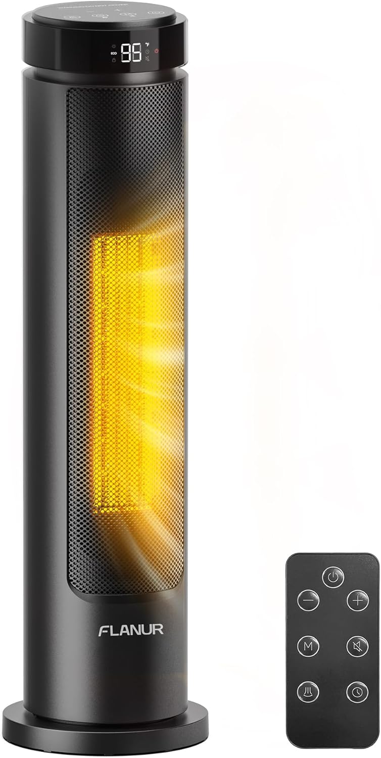 FLANUR Space Heater, 1500W Portable Heater with Remote, Thermostat, 5 Modes, Child Lock & Safety Protection, 12H Timer, 70° Oscillating, Space Heaters for Indoor Use Large Room, Home (Black, 1Pack)