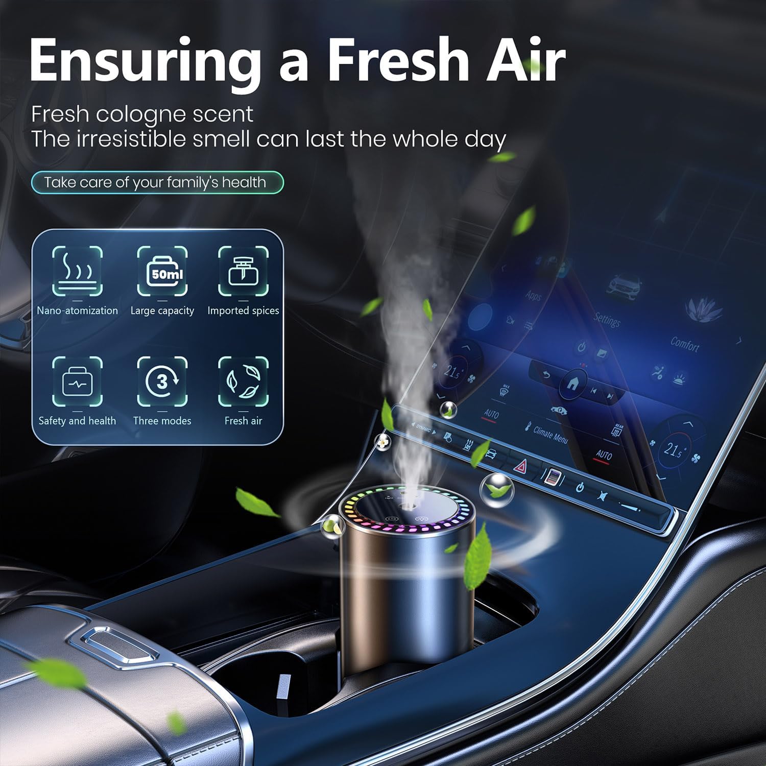 Smart Car air Fragrance/Car air freshener/Fragrance Diffuser for Auto Home Office Bedroom,Auto On/Off,3-Modes Adjustable, Built-in Battery,Starry Light,Lasts for 24 Weeks,Cologne