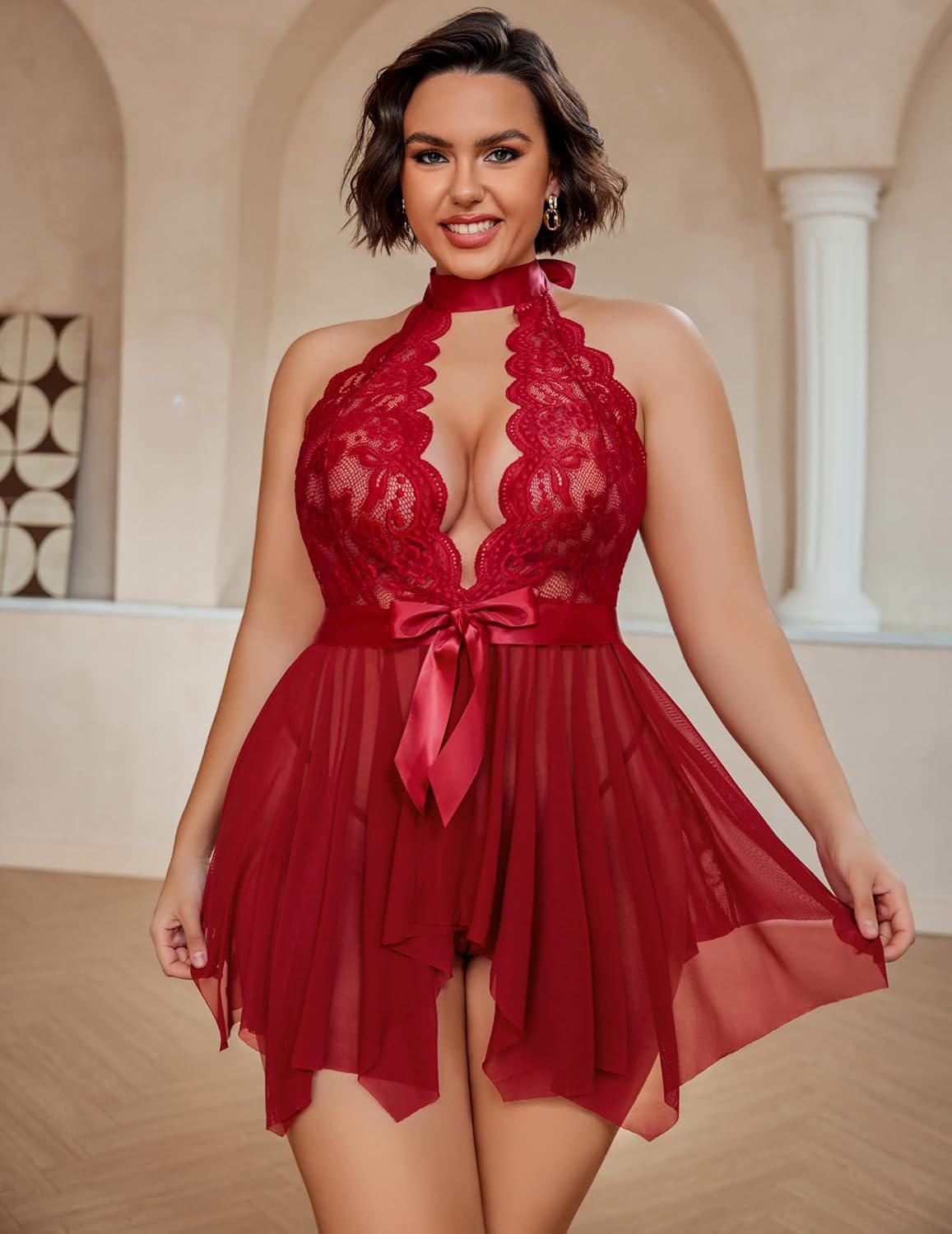 Avidlove Plus Size Babydoll for Women High Waist Teddy Chemise Floral Lace Lingerie - Image 2