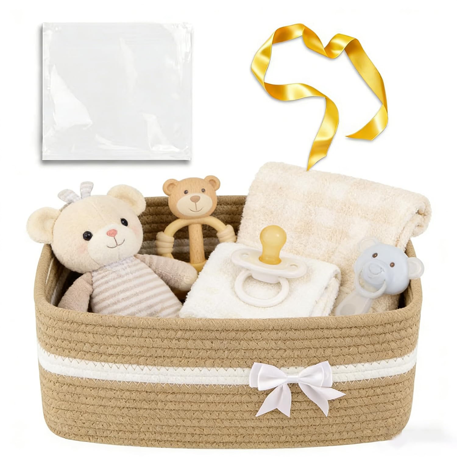 Chiziyixin Hamper Baskets for Gifts Empty, Small Woven Hamper Kit with Cellophane Bag And Ribbon, Suitable for Baby Shower, Birthday, Christmas, Graduations, Housewarming, Easter, 30*20*12cm (Khaki)