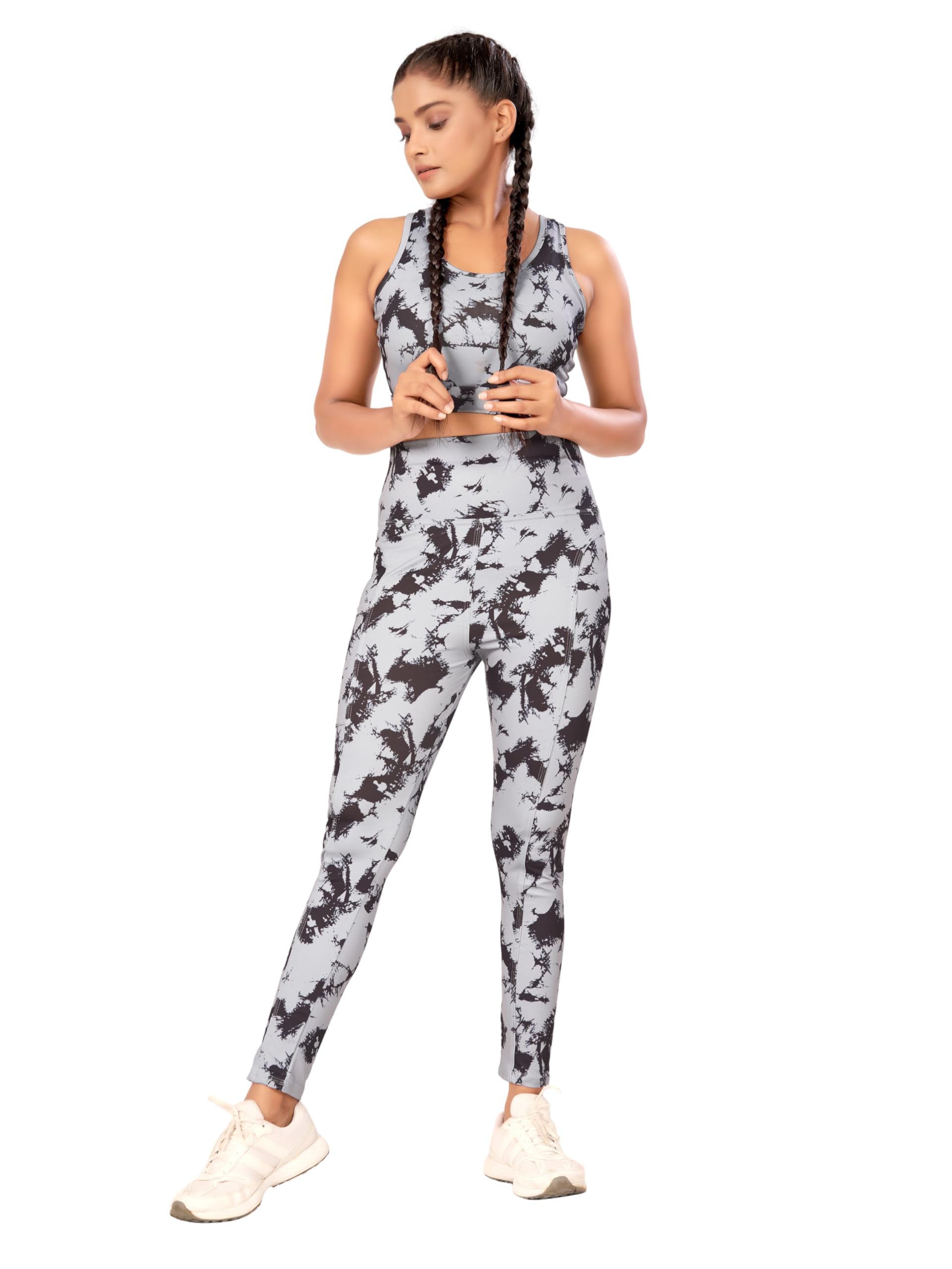 Women's Polyester Blend Workout Set With Printed Sleeveless Top And Bottoms | Stretchable Athletic Tracksuit For Gym, Yoga, Cycling, Training And Fitness Activewear Use-image-25
