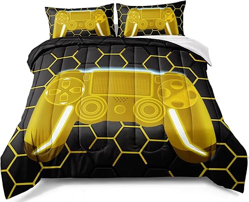 Edredón de videojuegos para niños y adolescentes, juego de ropa de cama con diseño geométrico de panal de abeja, edredón alternativo para todas las