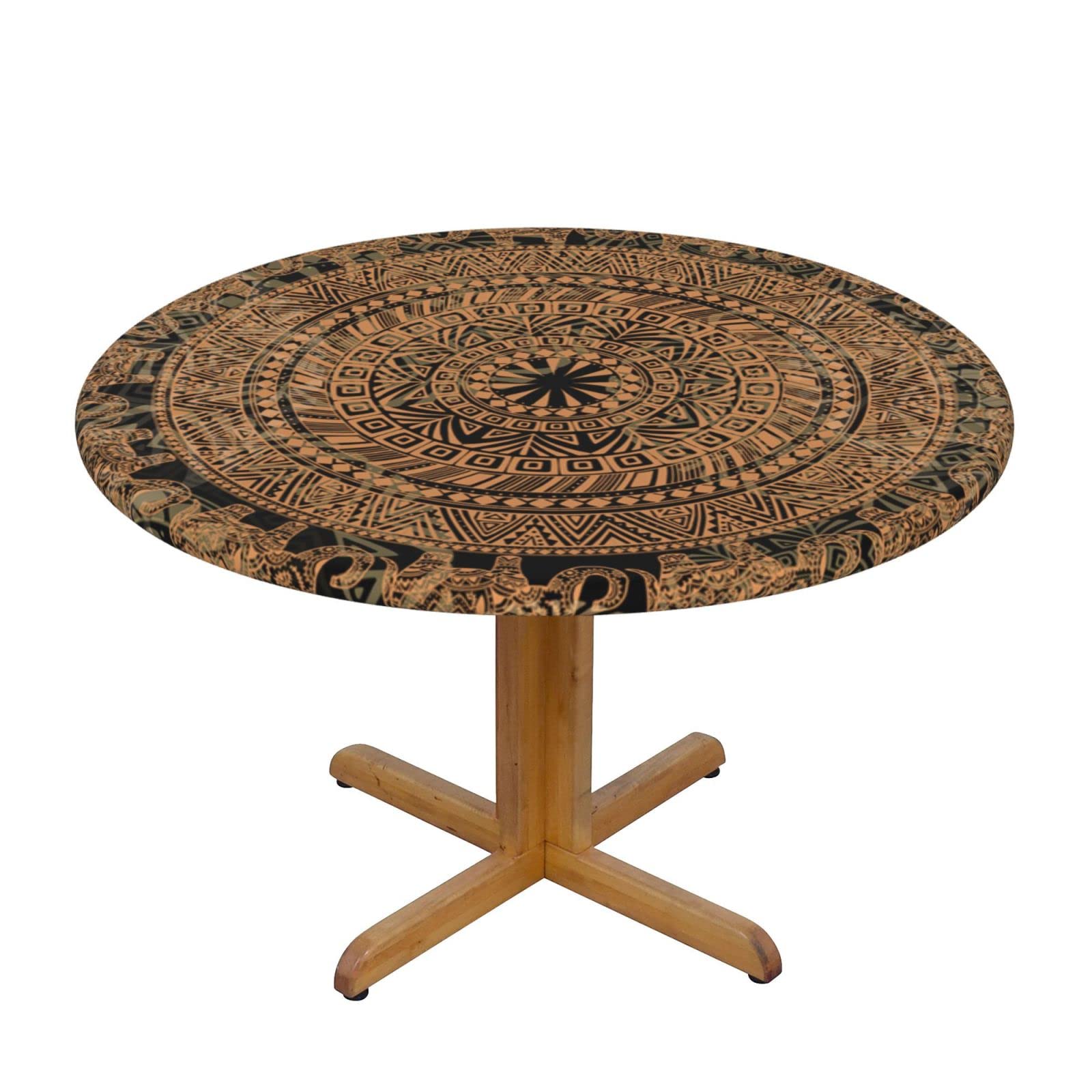 Lsjuee Round Fitted Tablecloth 40-44in Elastic Edged Table Cloth for Kitchen Dining Party Home Decor - Elephant Ethnic Animal Mandala