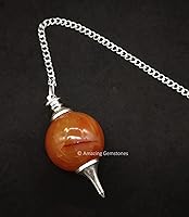 Vista 2 de Amazing Gemstone Carnelian Crystal Ball Pendulum for Divination - Dowsing Pendulum Necklace with Chain and Quartz Bead for Reiki Healing and Crystal