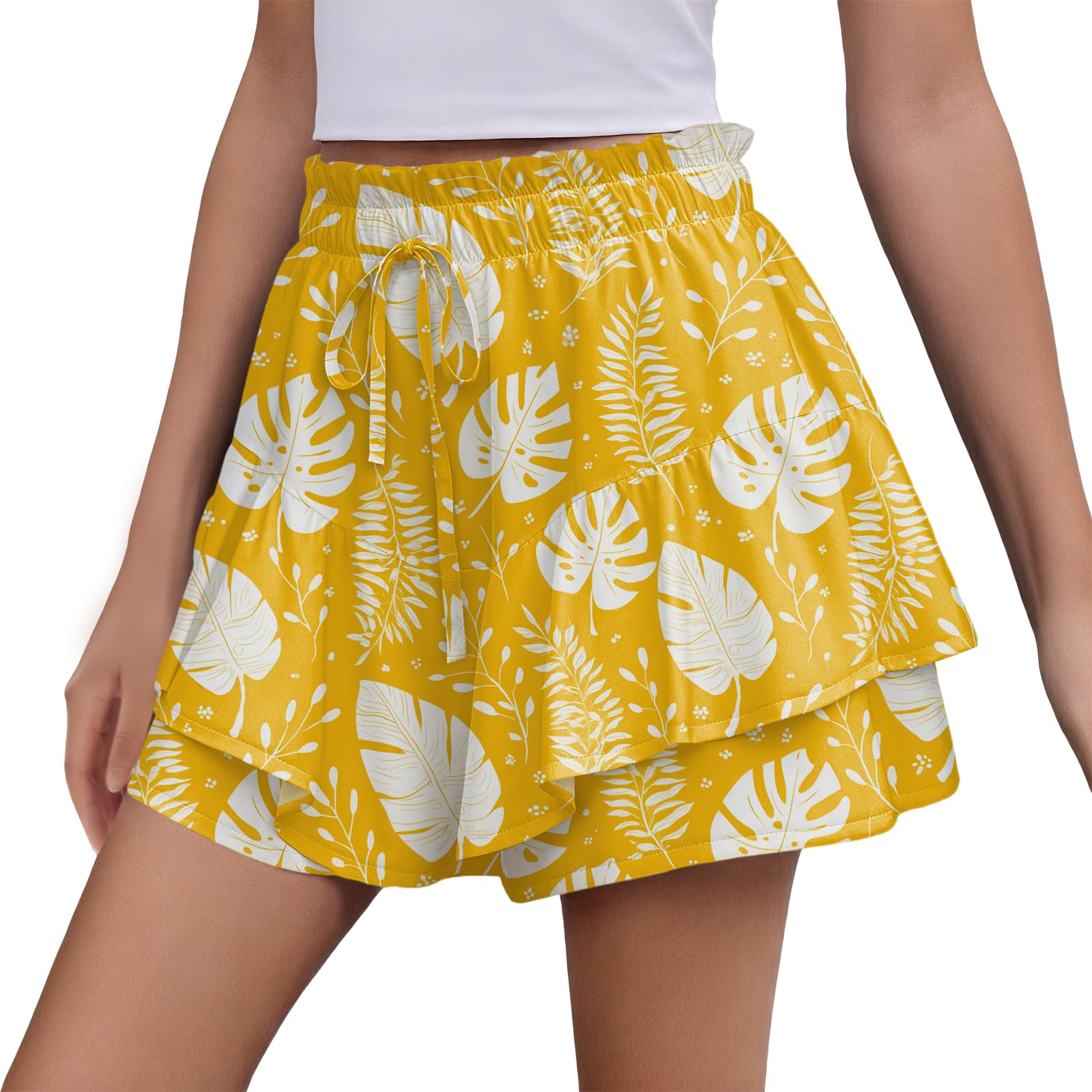 Boho Flowy Skort for Women Comfy Casual Skirts for Women Ruffle Skorts Elastic Waist Drawstring Trendy Beach Wear