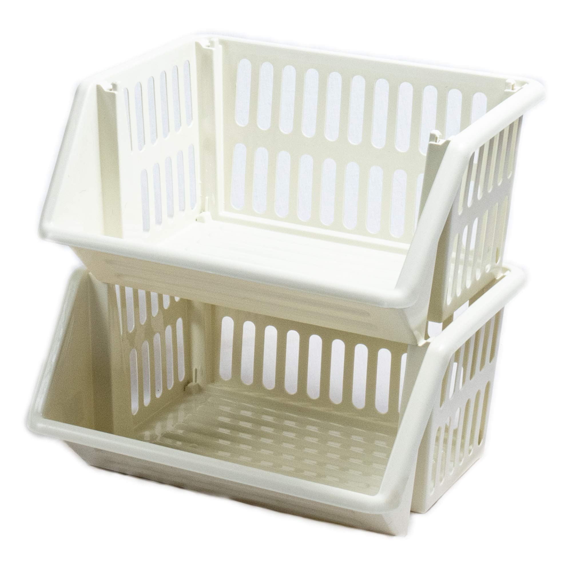 New Stacking Baskets Storage Veg Rack Plastic Stackers, Creme, Grey, Length 36 cm x Depth 30 cm x Height 17.5 cm (Creme, 2 racks)