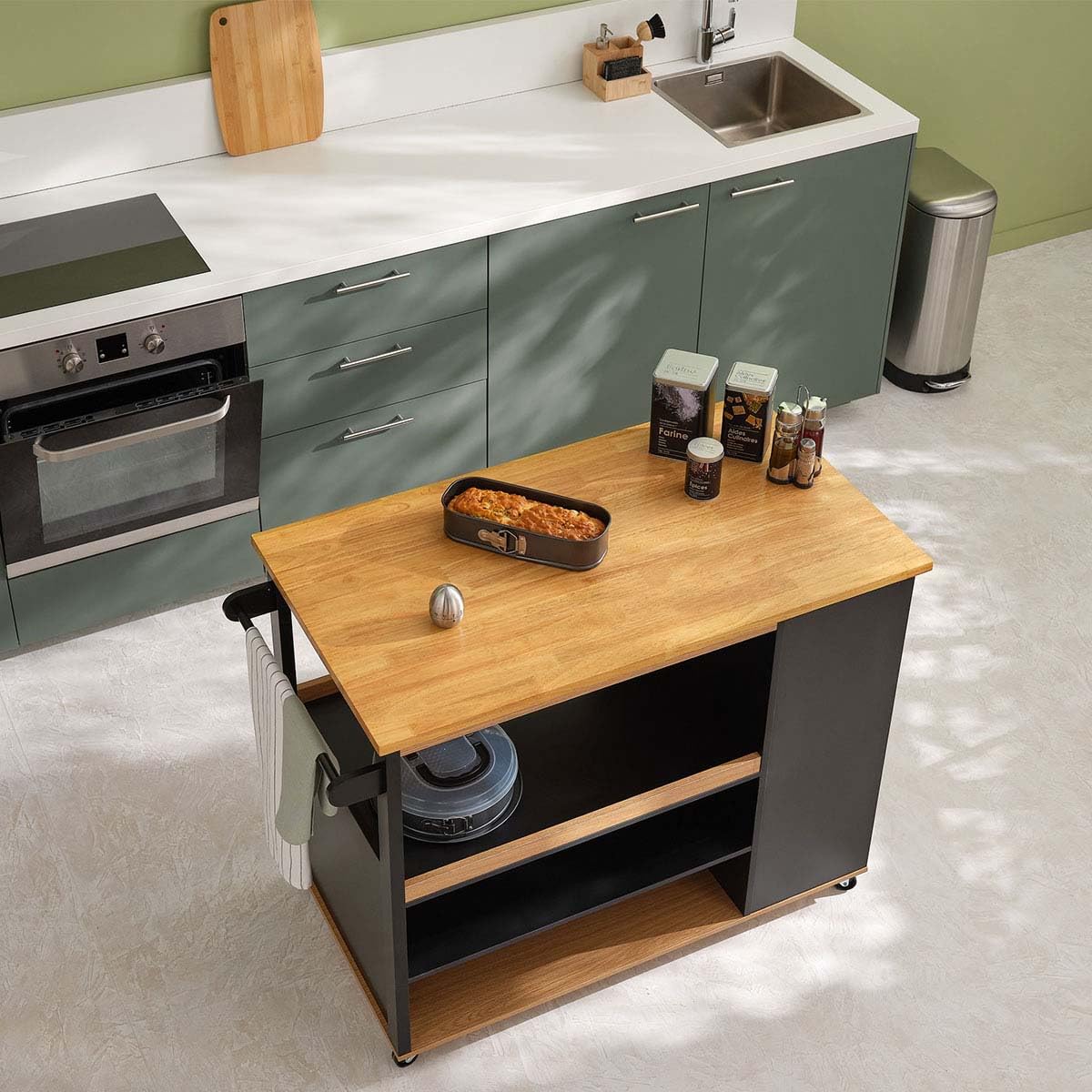 5five - isola da cucina su rotelle, legno, nero