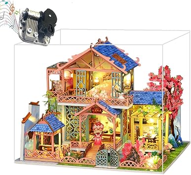 Ancient Chinese Style Dollhouse DIY Miniature House Kit,Wooden Ten Miles Peach Blossom Dolls House with Furniture Led Light, Creative Gift for Birthday