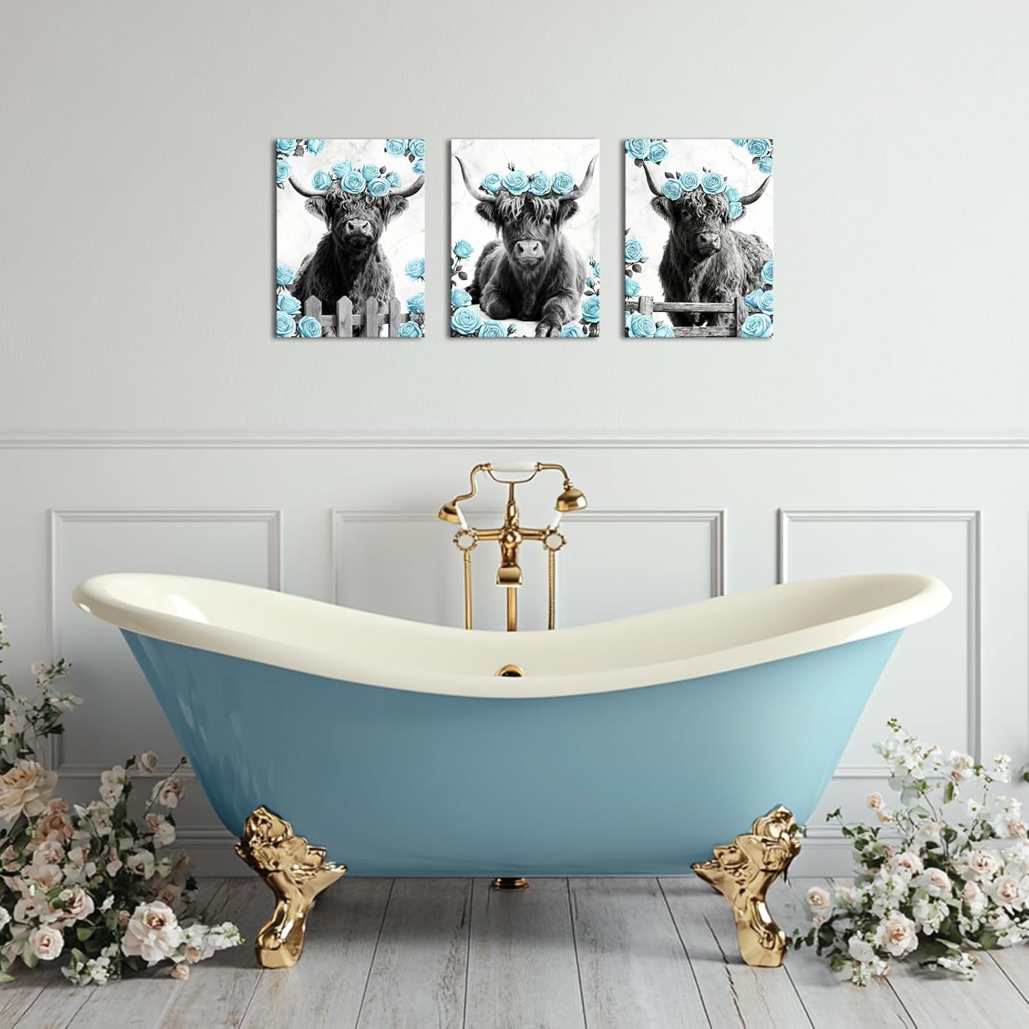 sechars Highland Cow Wall Art Black and White Highland Cattle with Roses Painting Prints Country Farmhouse Bathroom Decor (Teal)